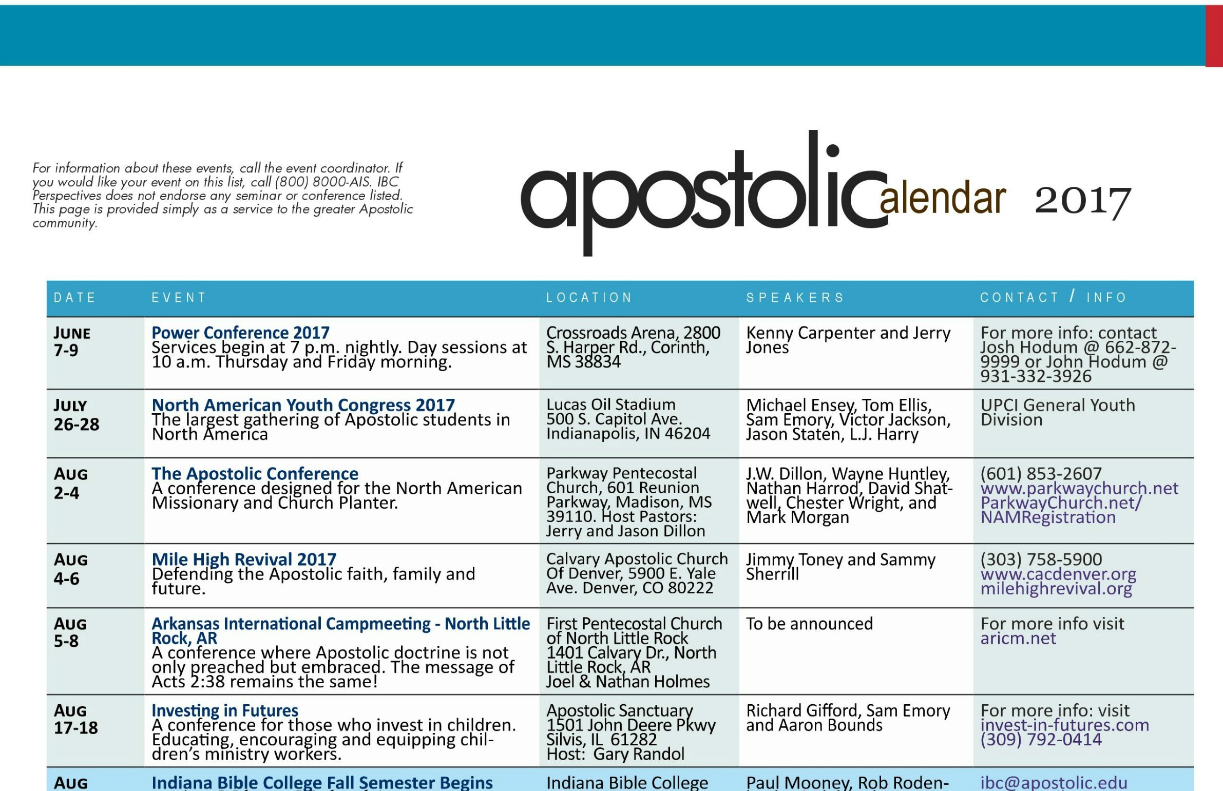Apostolic Calendar – June 2017