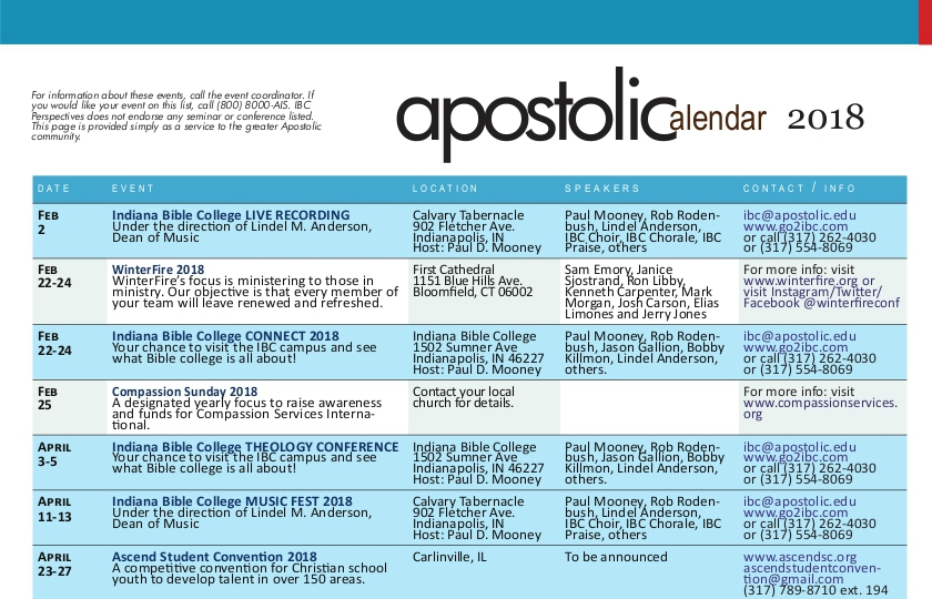 Apostolic Calendar – January 2018