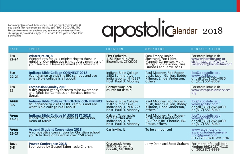 Apostolic Calendar – February 2018
