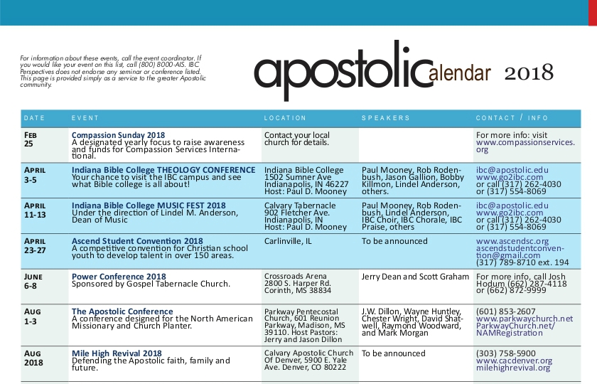 Apostolic Calendar – March 2018